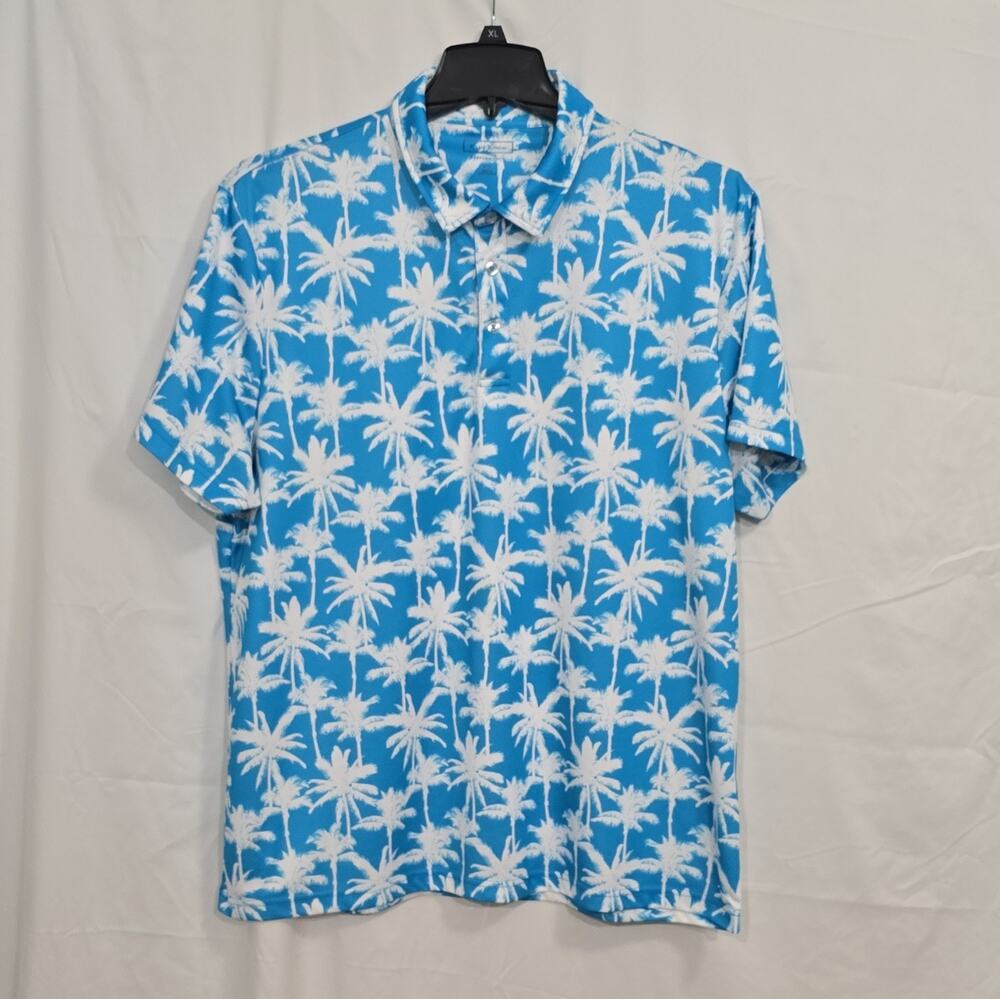 Club Room Performance Mens 2XL Blue/White Tropical Palm Print Polo Shirt SS